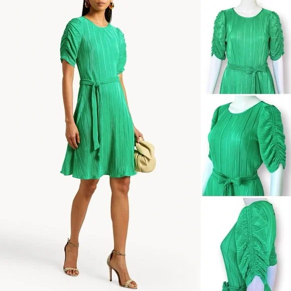 DKNY Satin Pleated Dress Ruched Sleeve Crew Neck Tie-Waist A-Line Pullover Style - Picture 10 of 16